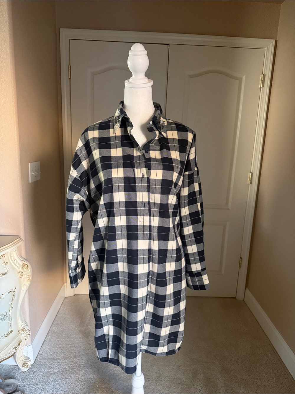 Zara Dark Blue & Cream Plaid Button-Up Shirt Dress